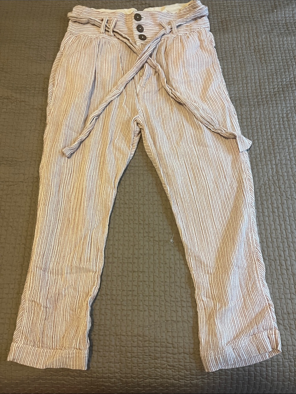Free People Neutral Maroon Striped Paperbag Waist Pants - Beige